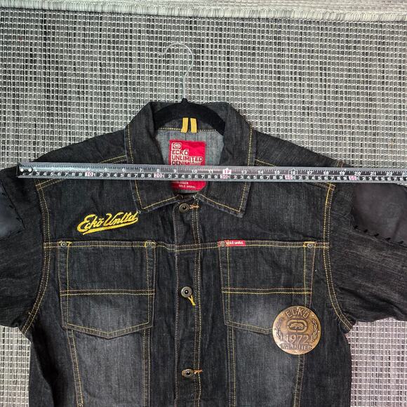 ECKO 1972 Unlimited Denim Jean Jacket Mens Large Black Leather Logo Embroidered - Picture 8 of 15